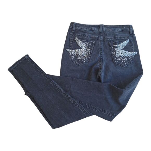Rebel & Soul Embellished Skinny Jean Glitzy Wings Black Stretch Denim women's 10 - Picture 1 of 16